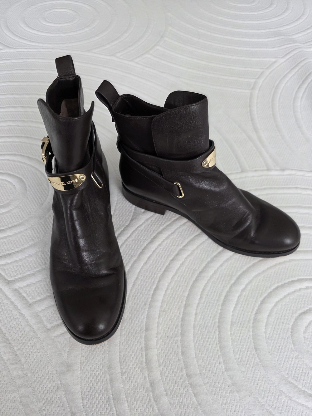 Michael Kors Chocolate Brown Leather Ankle Boots with Gold Accent
